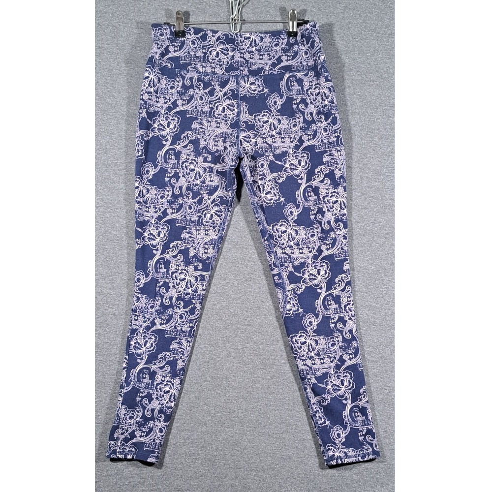 Soft Surroundings Womens Navy Blue Lavender Floral Damask Print Leggings Small